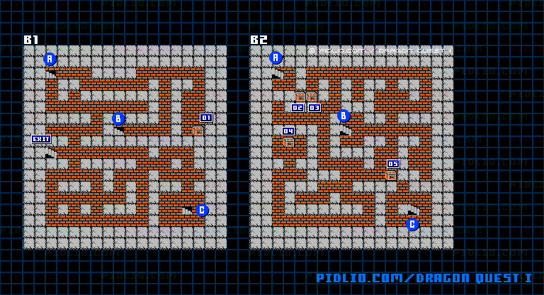 岩山の洞窟のマップ画像 ／ FC版ドラゴンクエストI攻略 ─ pidlio.com