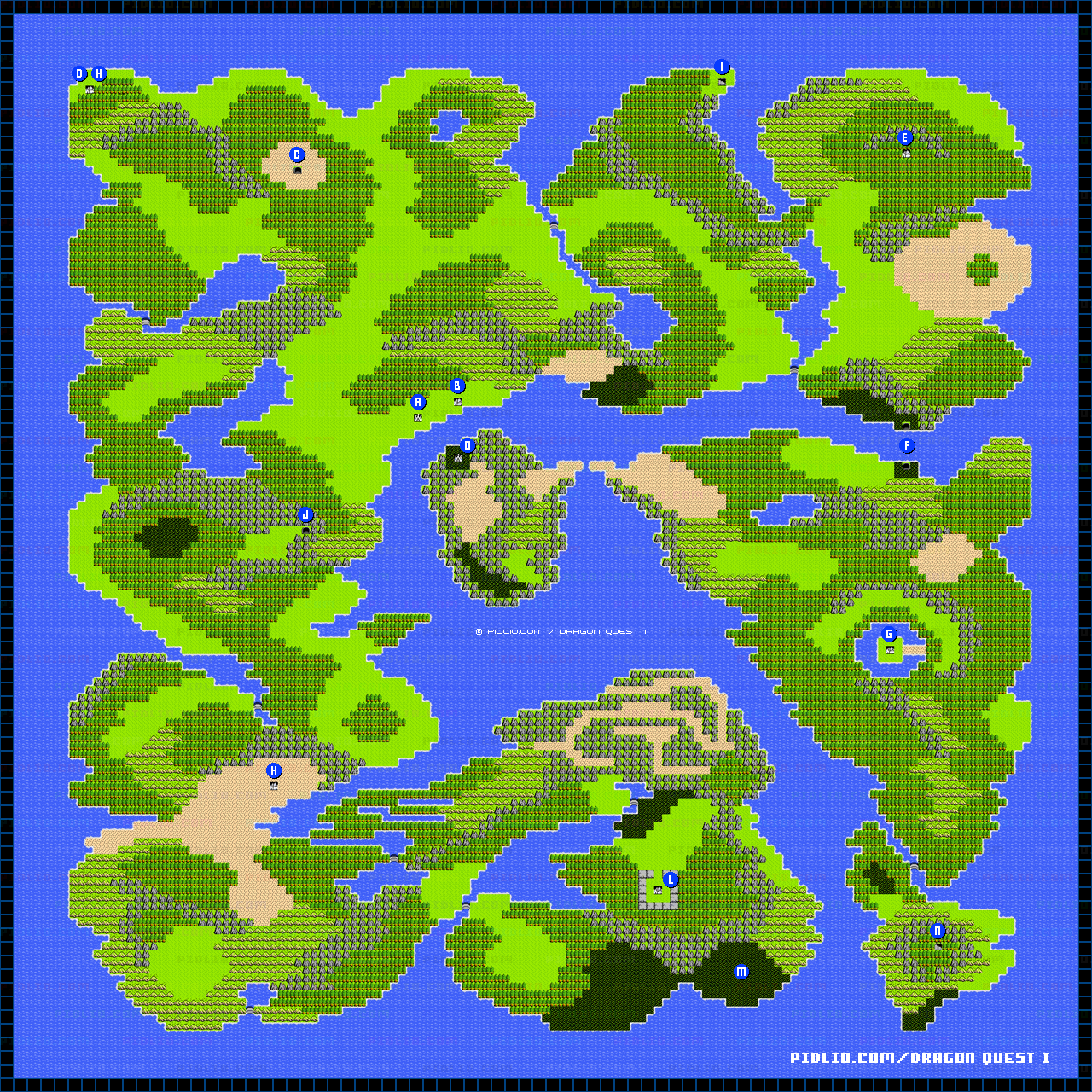 FC版ドラゴンクエストIのワールドマップ(アレフガルドの地図)画像 / FC版ドラゴンクエストI攻略 ─ pidlio.com