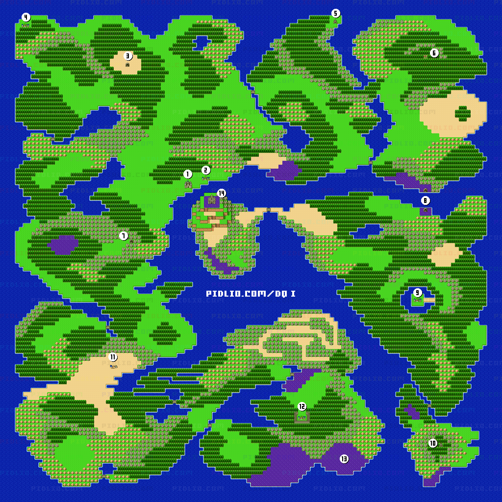 SFC版ドラゴンクエストIのワールドマップ（アレフガルドの地図）画像 ／ SFC版ドラゴンクエストI攻略 ─ pidlio.com