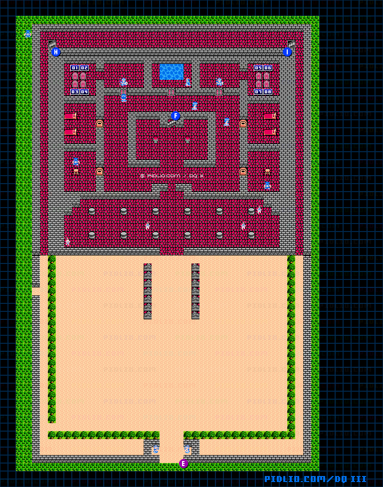イシスの城・城内1Fのマップ画像 ／ FC版ドラゴンクエストIII攻略 ─ pidlio.com