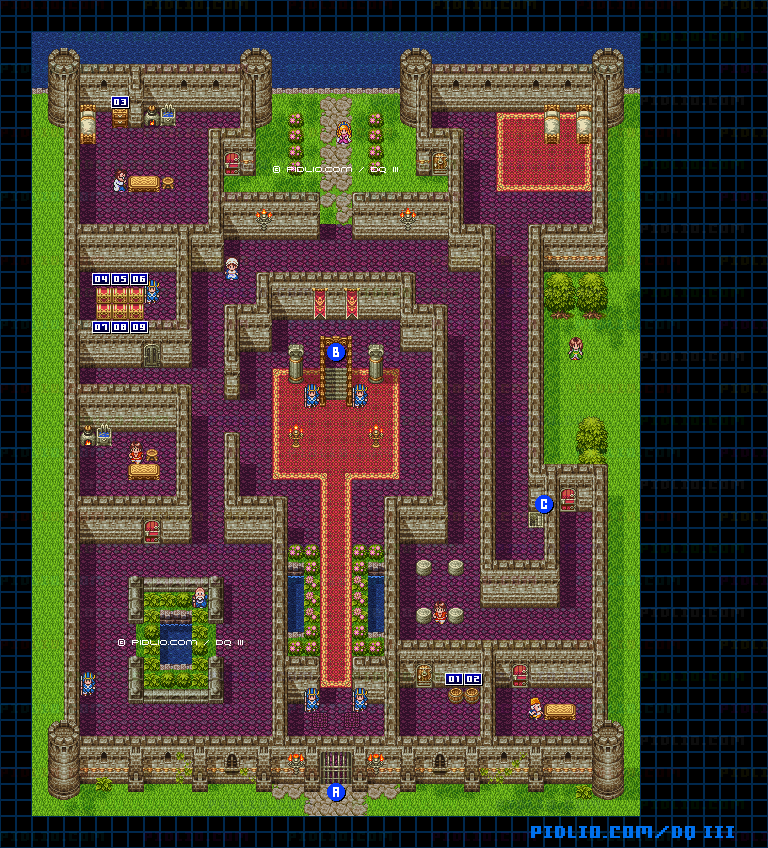 アリアハンの城・城内1階のマップ画像 ／ SFC版ドラゴンクエスト3攻略 ─ pidlio.com