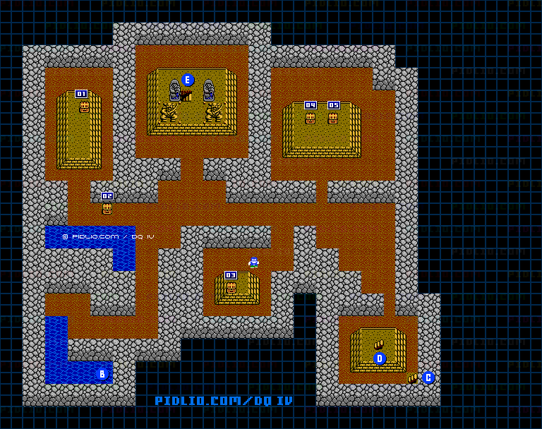 女神像の洞窟B3・仕掛け作動前のマップ画像 ／ FC版ドラゴンクエストIV攻略 ─ pidlio.com