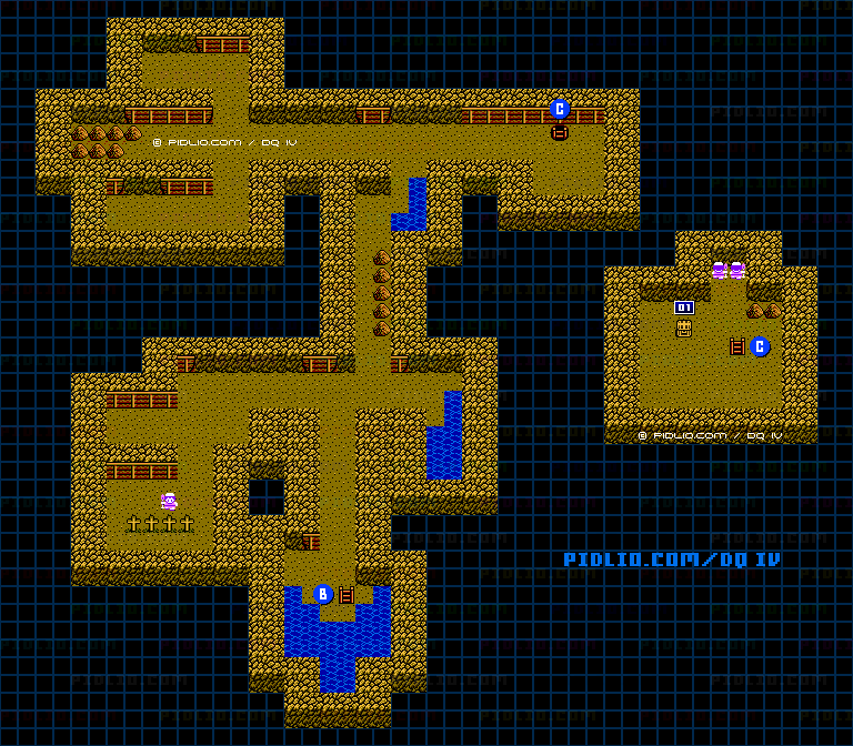 アッテムトの町（第4章）鉱山B2・B3のマップ画像 ／ FC版ドラゴンクエストIV攻略 ─ pidlio.com