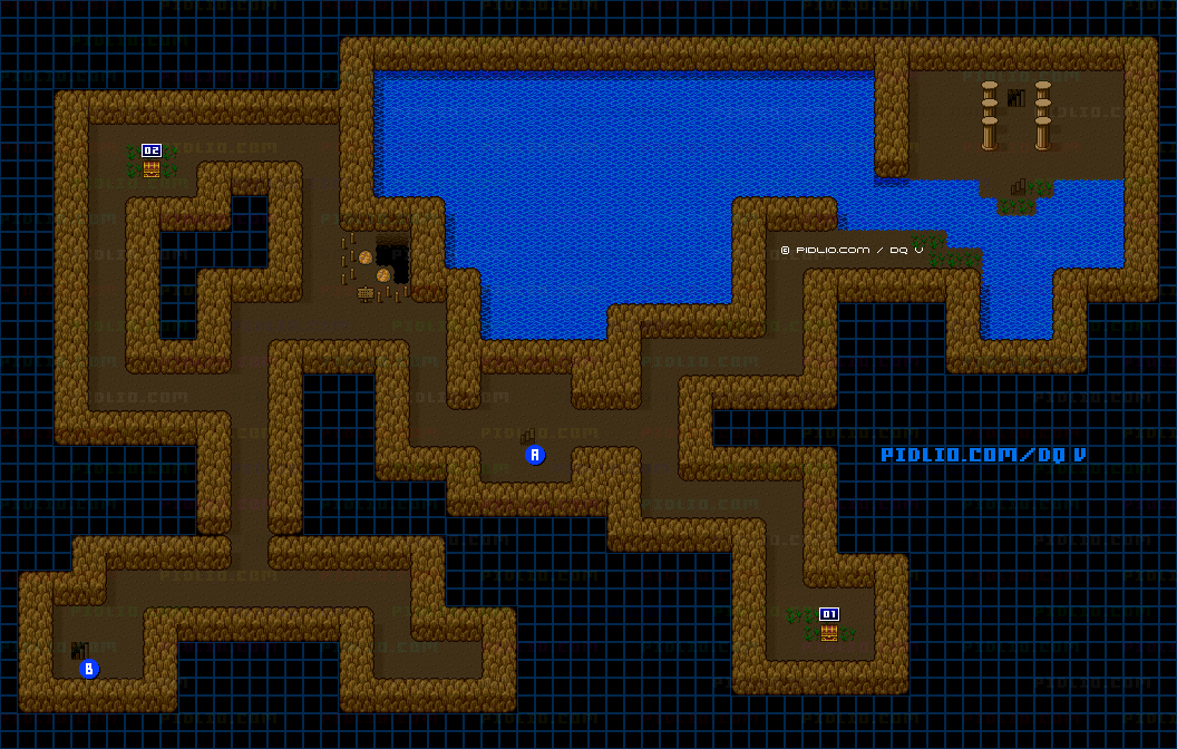 サンタローズの洞窟（幼年時代）西側B1のマップ画像 ／ SFC版ドラゴンクエストV攻略 ─ pidlio.com