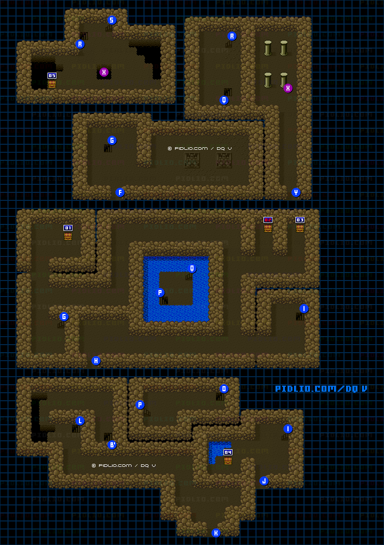 グランバニア山の洞窟・中層のマップ画像 ／ SFC版ドラゴンクエストV攻略 ─ pidlio.com