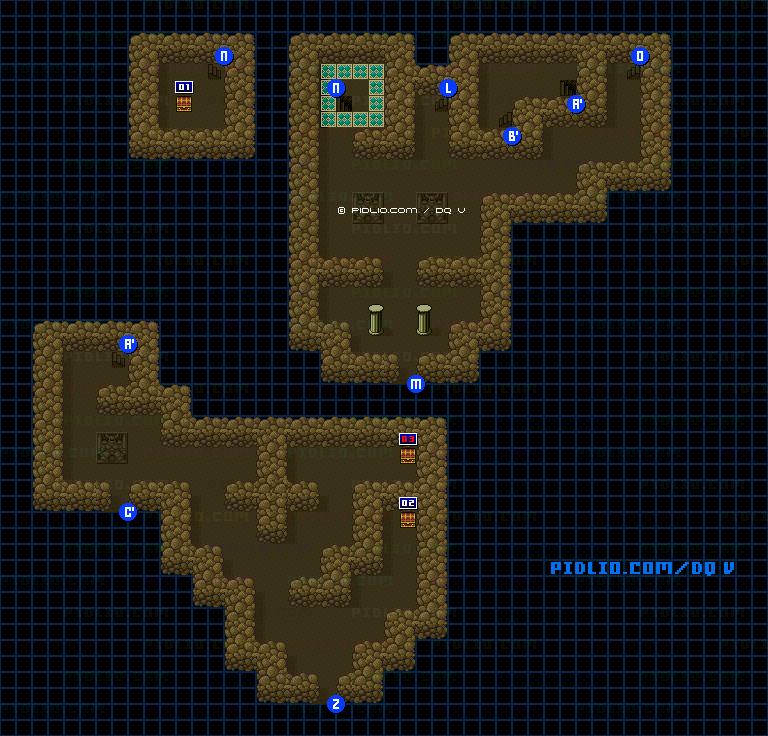 グランバニア山の洞窟・下層のマップ画像 ／ SFC版ドラゴンクエストV攻略 ─ pidlio.com