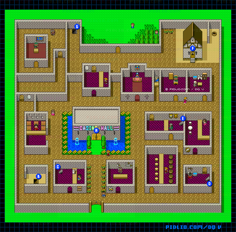 オラクルベリーの町（青年時代前半）のマップ画像 ／ SFC版ドラゴンクエストV攻略 ─ pidlio.com