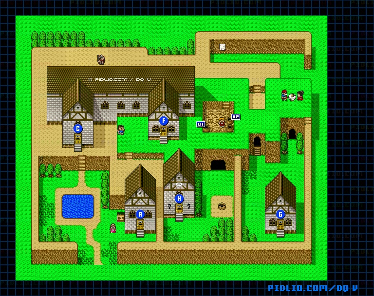 ルラフェンの町（青年時代前半）屋外のマップ画像 ／ SFC版ドラゴンクエストV攻略 ─ pidlio.com