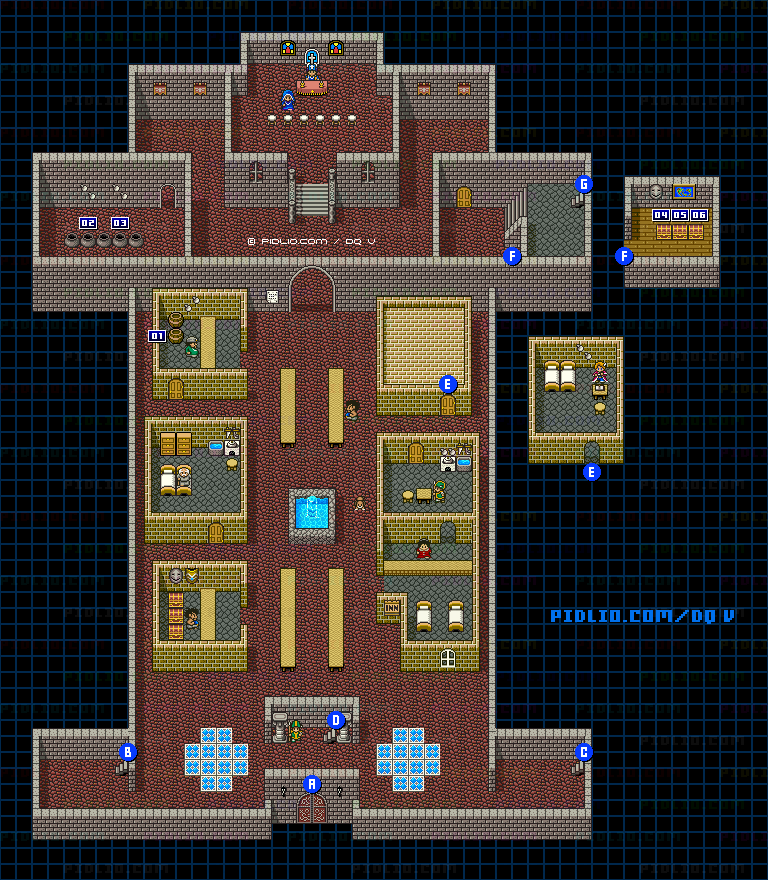 グランバニア城（青年時代後半）城内1Fのマップ画像 ／ SFC版ドラゴンクエストV攻略 ─ pidlio.com