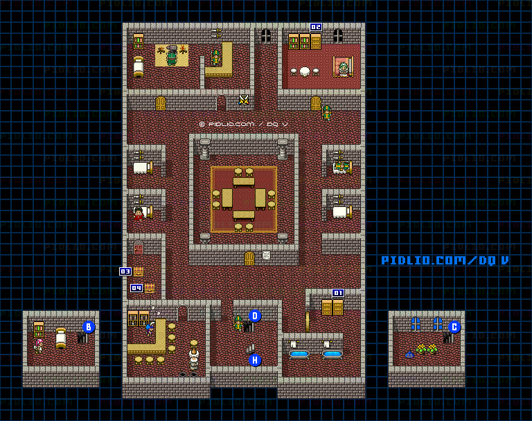 グランバニア城（青年時代後半）城内2Fのマップ画像 ／ SFC版ドラゴンクエストV攻略 ─ pidlio.com