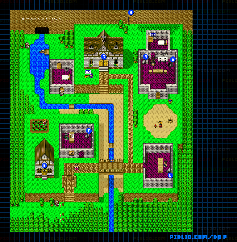 過去のサンタローズの村・屋外のマップ画像 ／ SFC版ドラゴンクエストV攻略 ─ pidlio.com