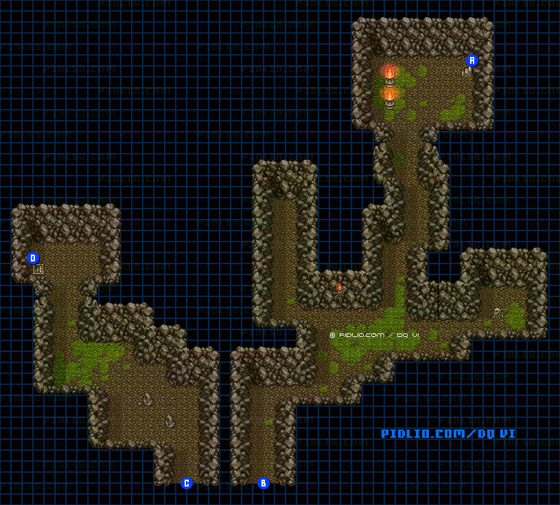 【夢の世界】地底魔城・地下2階への洞窟のマップ画像 ／ SFC版ドラゴンクエスト6攻略 ─ pidlio.com