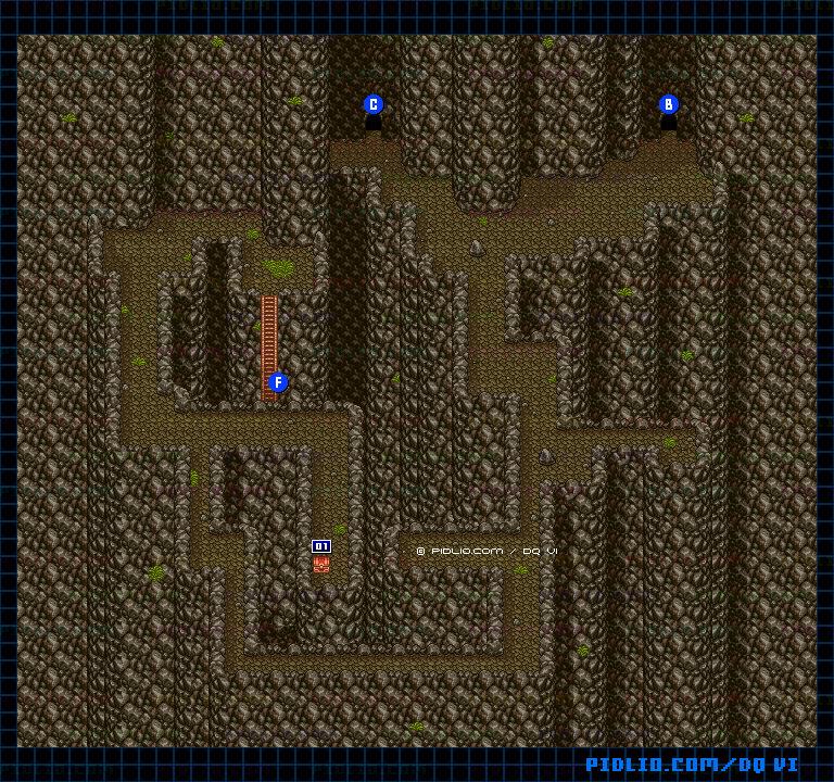 【夢の世界】地底魔城・地下2階・岩肌への洞窟のマップ画像 ／ SFC版ドラゴンクエスト6攻略 ─ pidlio.com