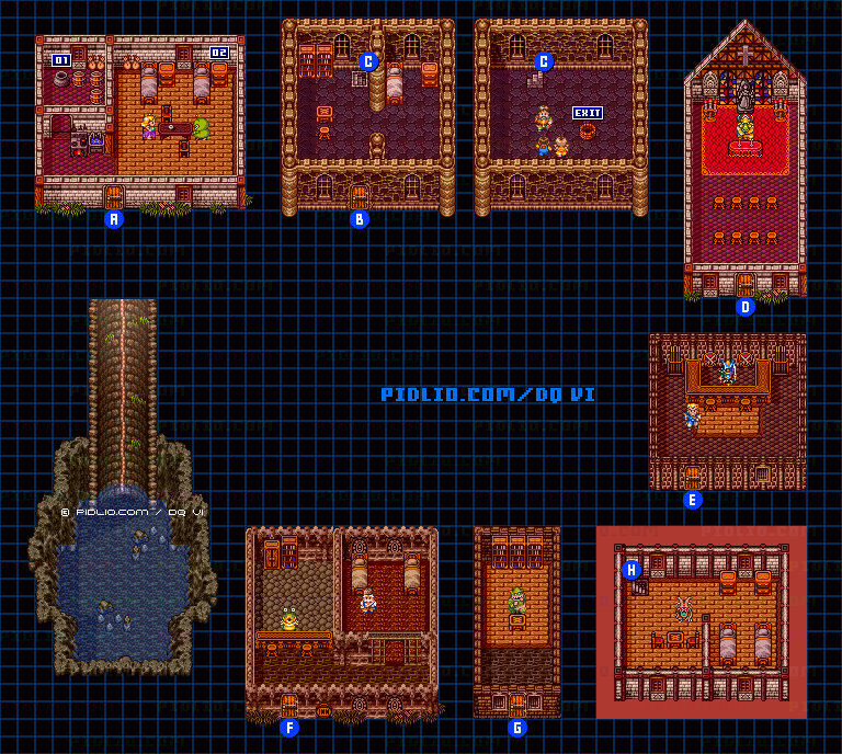 【夢の世界】デスコッドの村・夕方屋内のマップ画像 ／ SFC版ドラゴンクエスト6攻略 ─ pidlio.com