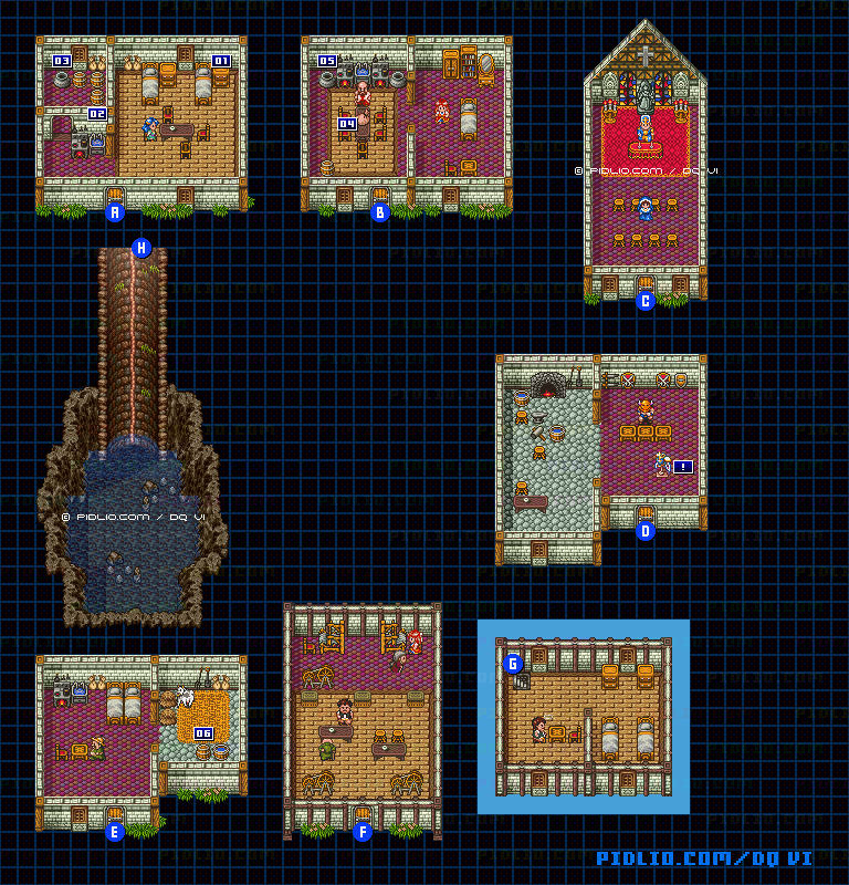 【夢の世界】ライフコッドの村・屋内のマップ画像 ／ SFC版ドラゴンクエスト6攻略 ─ pidlio.com