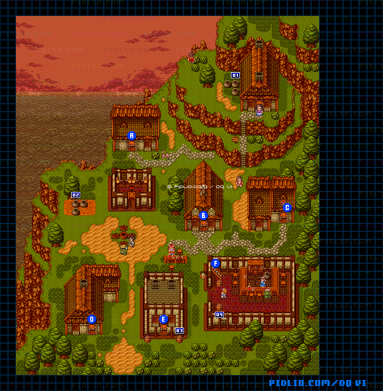 【夢の世界】ライフコッドの村（夕方）・屋外のマップ画像 ／ SFC版ドラゴンクエスト6攻略 ─ pidlio.com