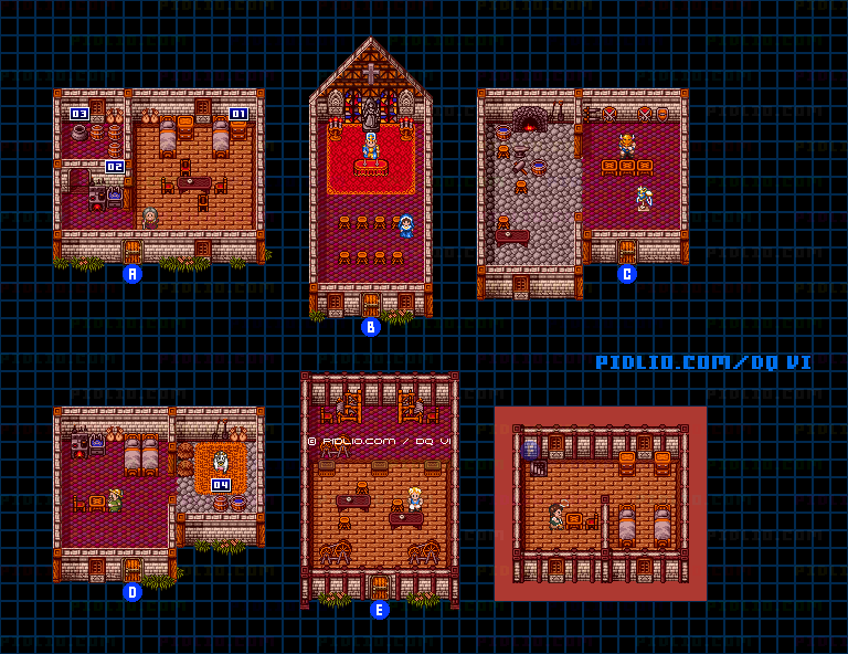 【夢の世界】ライフコッドの村（夕方）・屋内のマップ画像 ／ SFC版ドラゴンクエスト6攻略 ─ pidlio.com