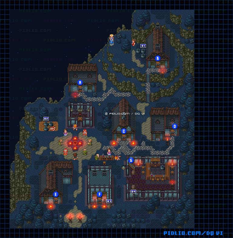 【夢の世界】ライフコッドの村（夜）・屋外のマップ画像 ／ SFC版ドラゴンクエスト6攻略 ─ pidlio.com