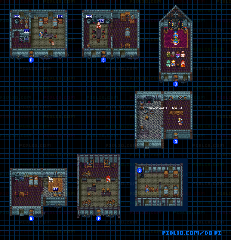 【夢の世界】ライフコッドの村（夜）・屋外のマップ画像 ／ SFC版ドラゴンクエスト6攻略 ─ pidlio.com