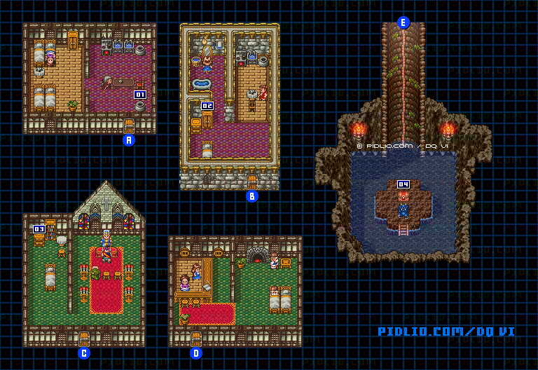 【夢の世界】レイドック城下町・屋内のマップ画像 ／ SFC版ドラゴンクエスト6攻略 ─ pidlio.com