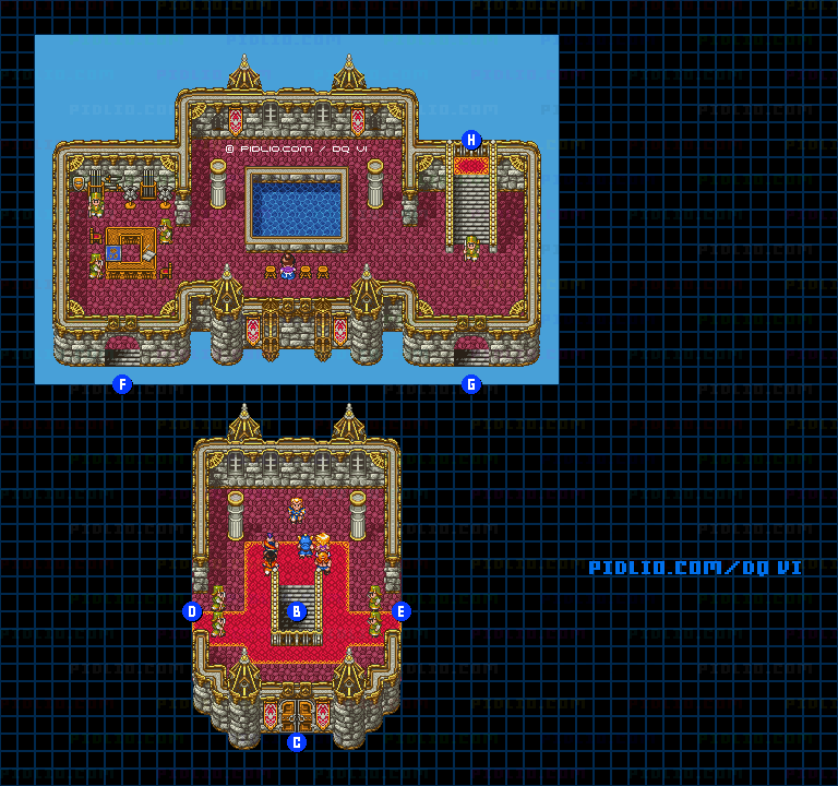 【夢の世界】レイドック城・城内2階のマップ画像 ／ SFC版ドラゴンクエスト6攻略 ─ pidlio.com