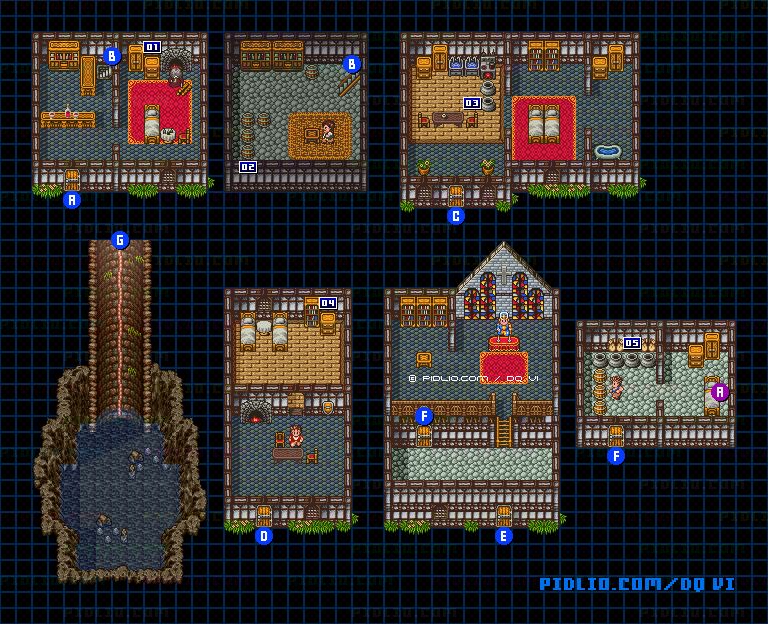 【夢の世界】アモールの町・屋内のマップ画像 ／ SFC版ドラゴンクエスト6攻略 ─ pidlio.com