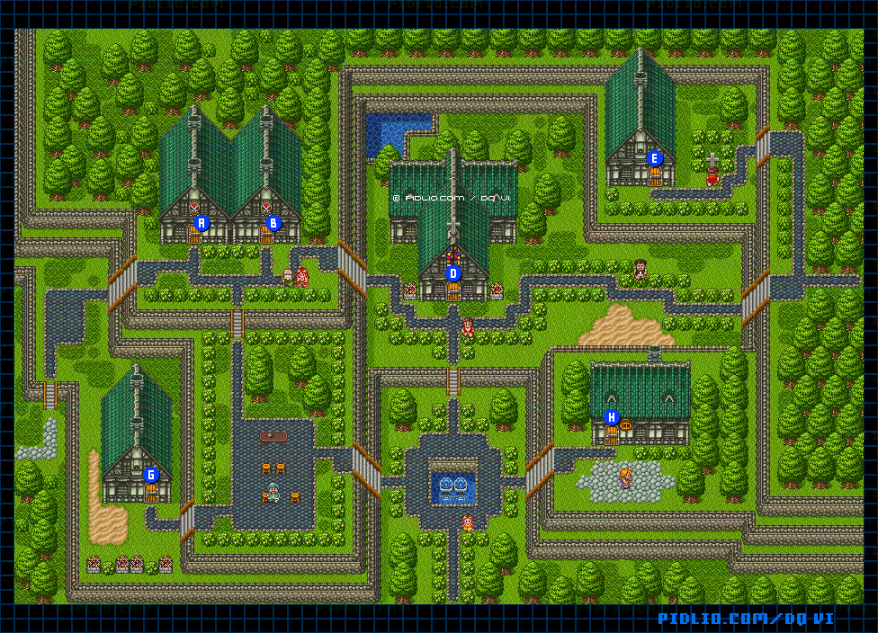 【夢の世界】クリアベールの町・屋外のマップ画像 ／ SFC版ドラゴンクエスト6攻略 ─ pidlio.com