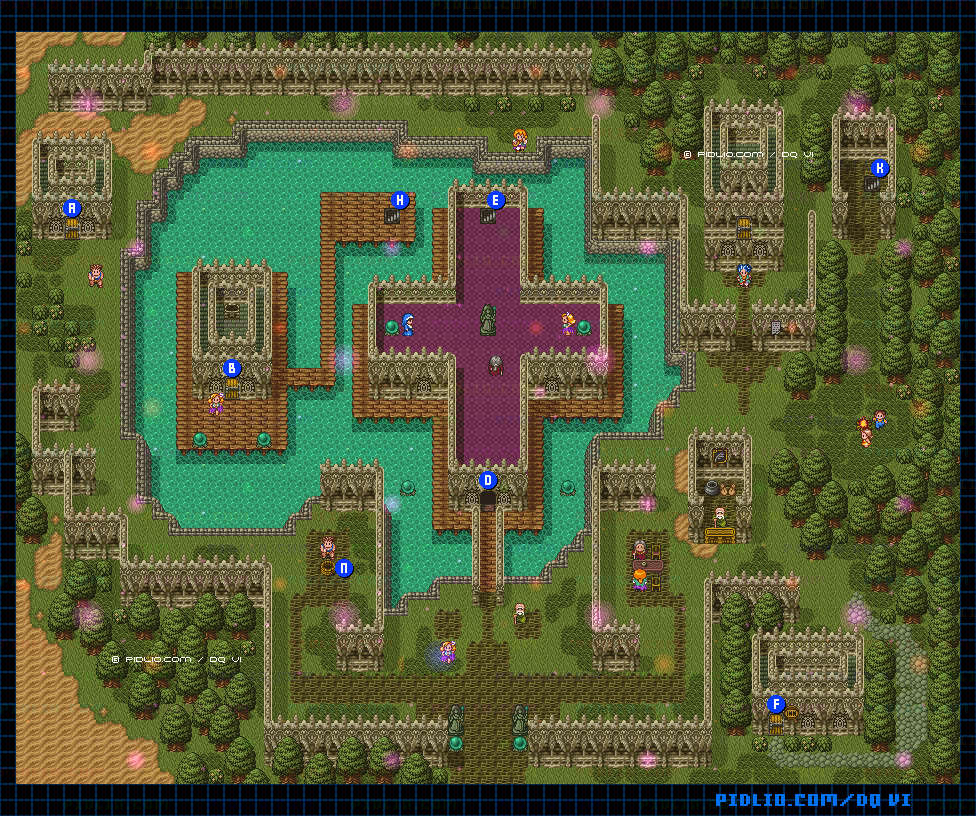 【夢の世界】カルベローナの町・屋外のマップ画像 ／ SFC版ドラゴンクエスト6攻略 ─ pidlio.com