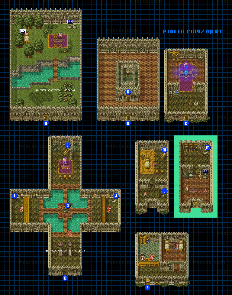 【夢の世界】カルベローナの町・屋内のマップ画像 ／ SFC版ドラゴンクエスト6攻略 ─ pidlio.com