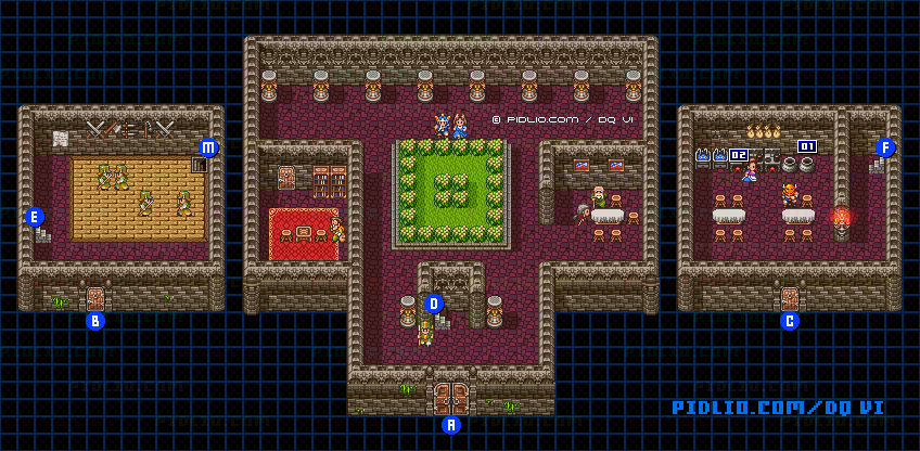 【夢の世界】グレイス城・城内2階のマップ画像 ／ SFC版ドラゴンクエスト6攻略 ─ pidlio.com