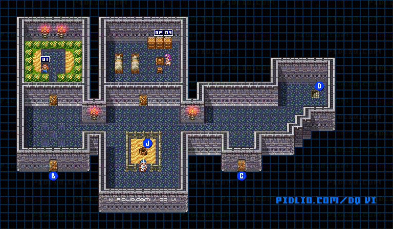 【夢の世界】ゼニスの城・2階のマップ画像 ／ SFC版ドラゴンクエスト6攻略 ─ pidlio.com