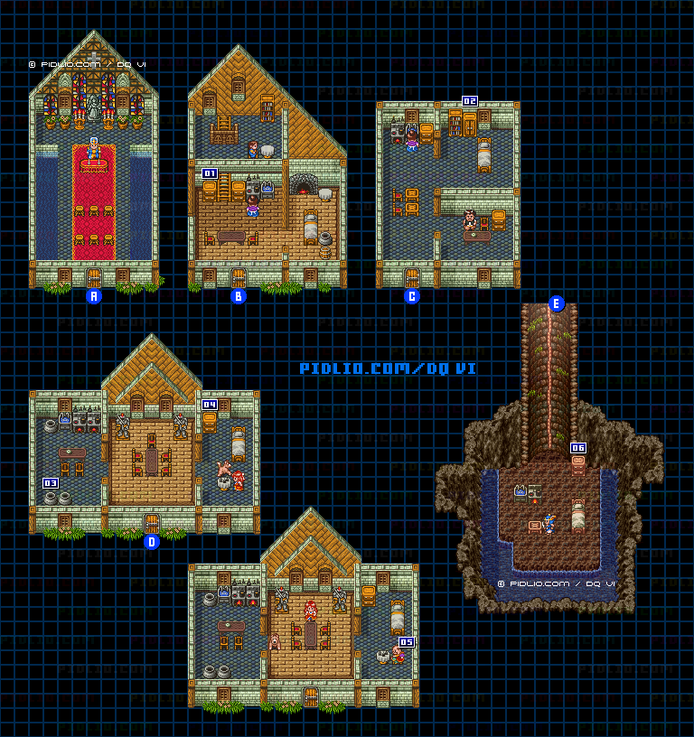 【現実の世界】トルッカの町・屋内のマップ画像 ／ SFC版ドラゴンクエスト6攻略 ─ pidlio.com