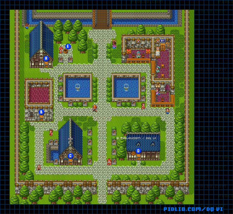 【現実の世界】レイドック城下町・屋外のマップ画像 ／ SFC版ドラゴンクエスト6攻略 ─ pidlio.com