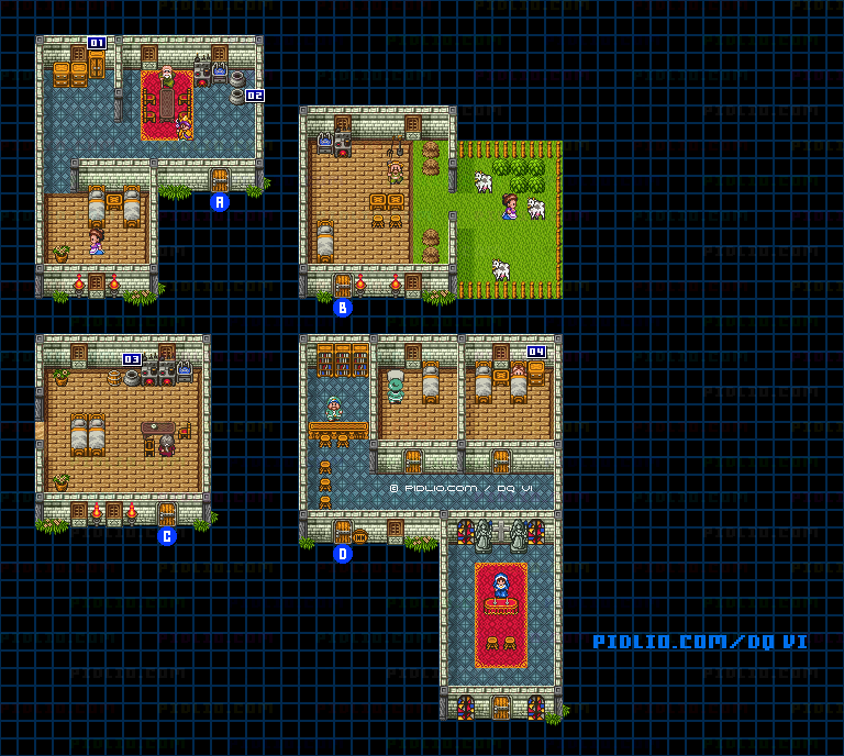 【現実の世界】ゲントの村・屋内のマップ画像 ／ SFC版ドラゴンクエスト6攻略 ─ pidlio.com
