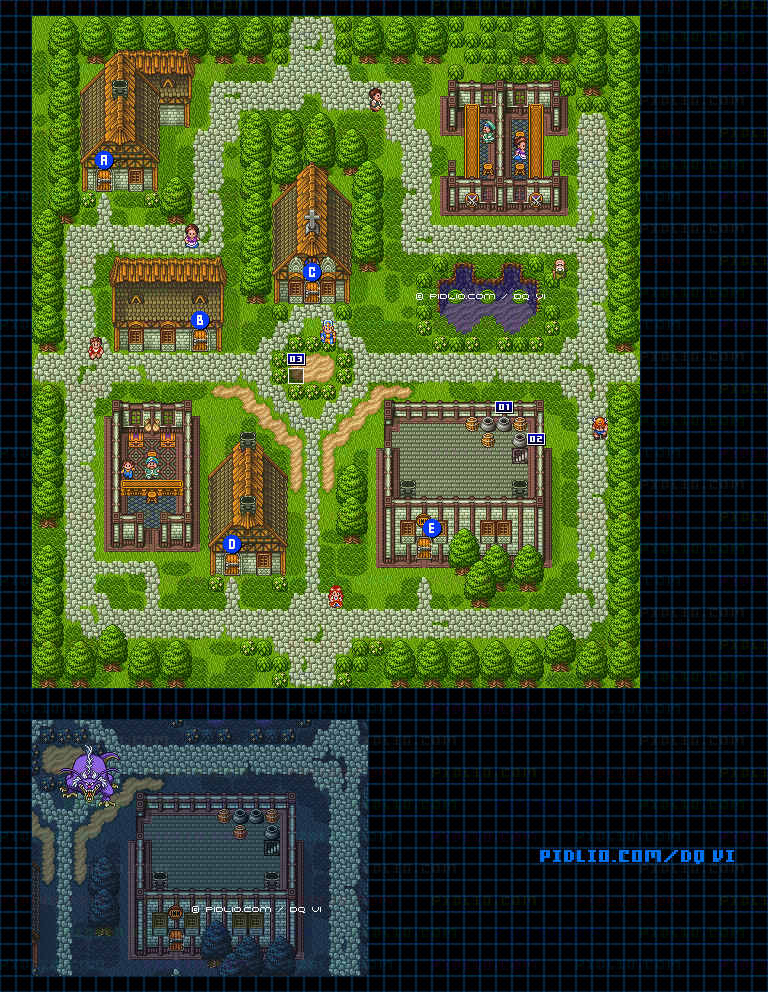【現実の世界】モンストルの町・屋外のマップ画像 ／ SFC版ドラゴンクエスト6攻略 ─ pidlio.com