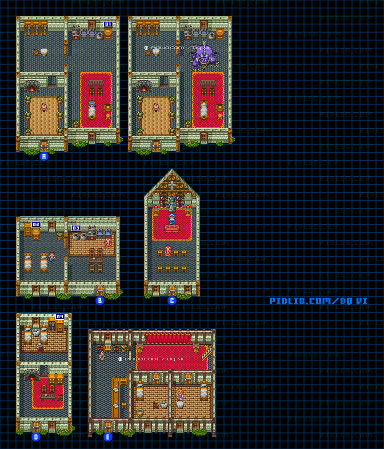 【現実の世界】モンストルの町・屋内のマップ画像 ／ SFC版ドラゴンクエスト6攻略 ─ pidlio.com