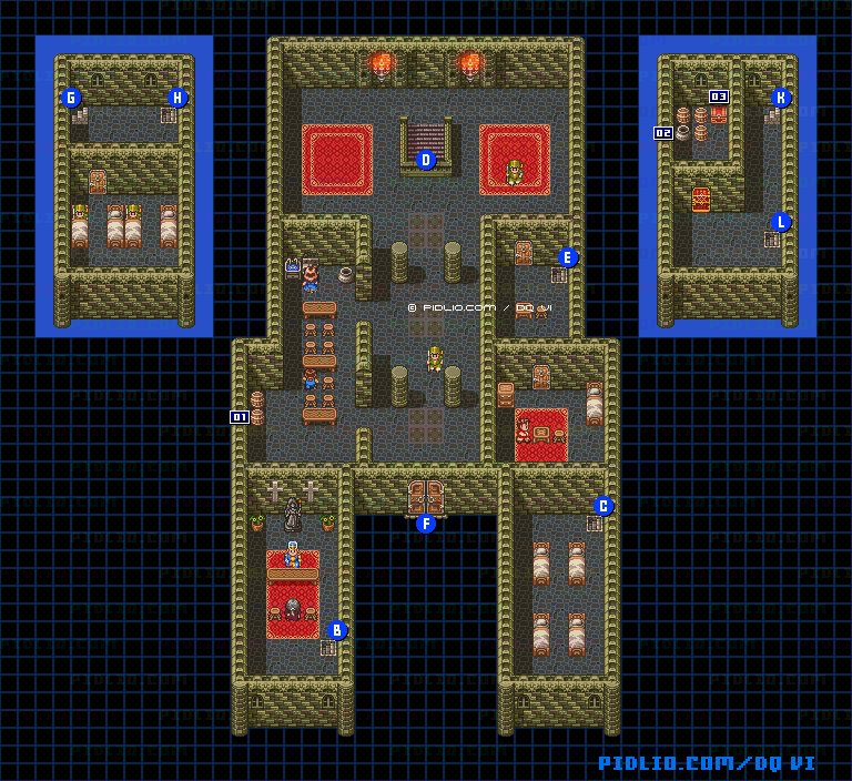 【現実の世界】アークボルト城・城内2階のマップ画像 ／ SFC版ドラゴンクエスト6攻略 ─ pidlio.com