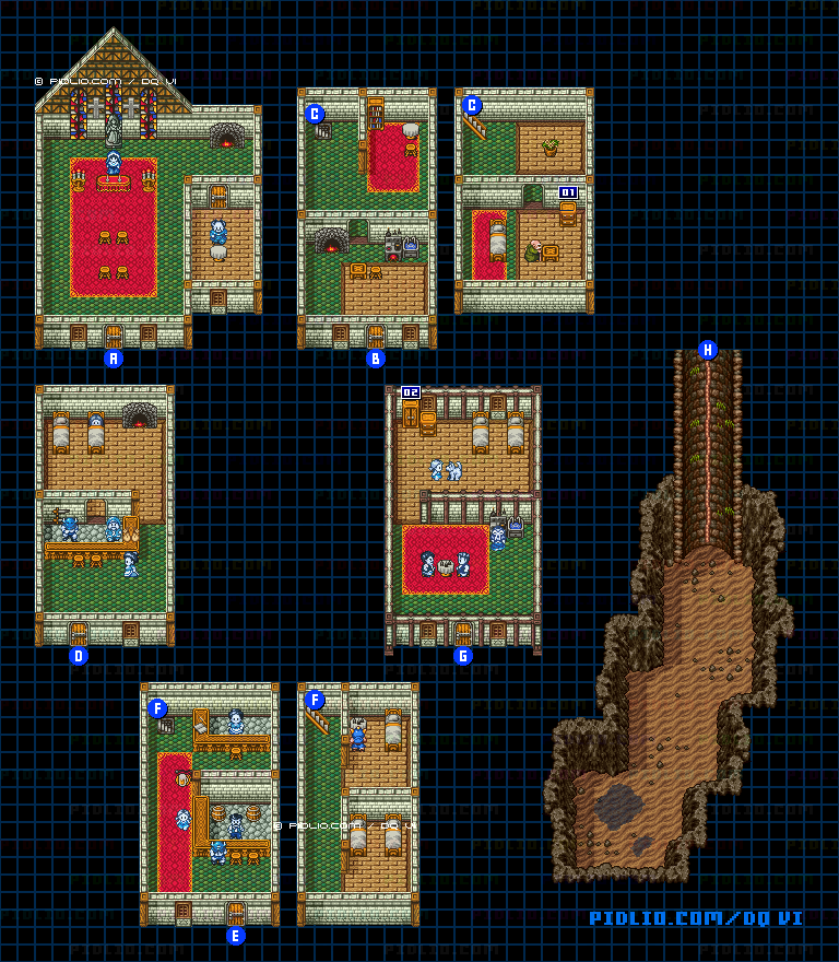 【現実の世界】マウントスノーの村・屋内のマップ画像 ／ SFC版ドラゴンクエスト6攻略 ─ pidlio.com