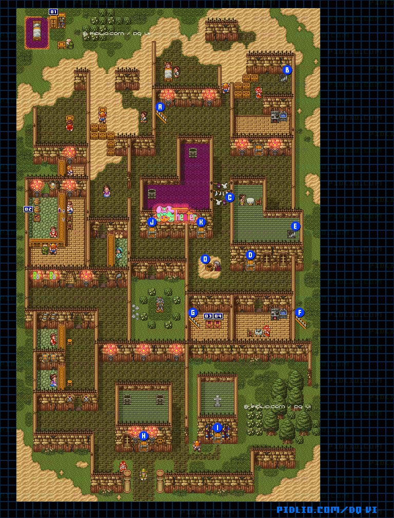 【現実の世界】ロンガデセオの町・屋外のマップ画像 ／ SFC版ドラゴンクエスト6攻略 ─ pidlio.com