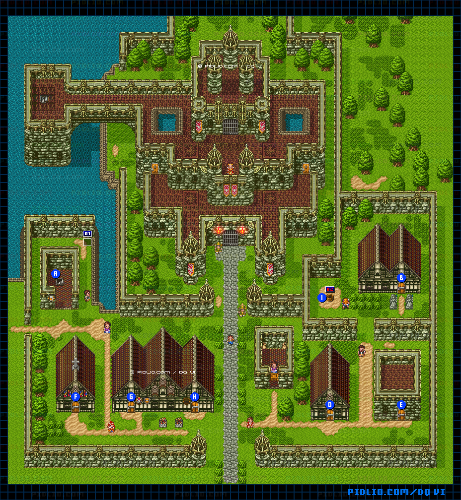 【現実の世界】ガンディーノ城下町・屋外のマップ画像 ／ SFC版ドラゴンクエスト6攻略 ─ pidlio.com