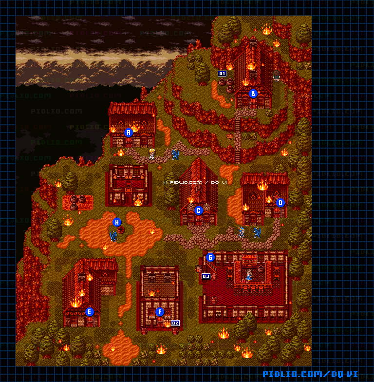 【現実の世界】ライフコッドの村（襲撃時）・屋外のマップ画像 ／ SFC版ドラゴンクエスト6攻略 ─ pidlio.com