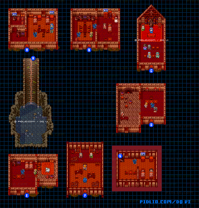 【現実の世界】ライフコッドの村（襲撃時）・屋内のマップ画像 ／ SFC版ドラゴンクエスト6攻略 ─ pidlio.com