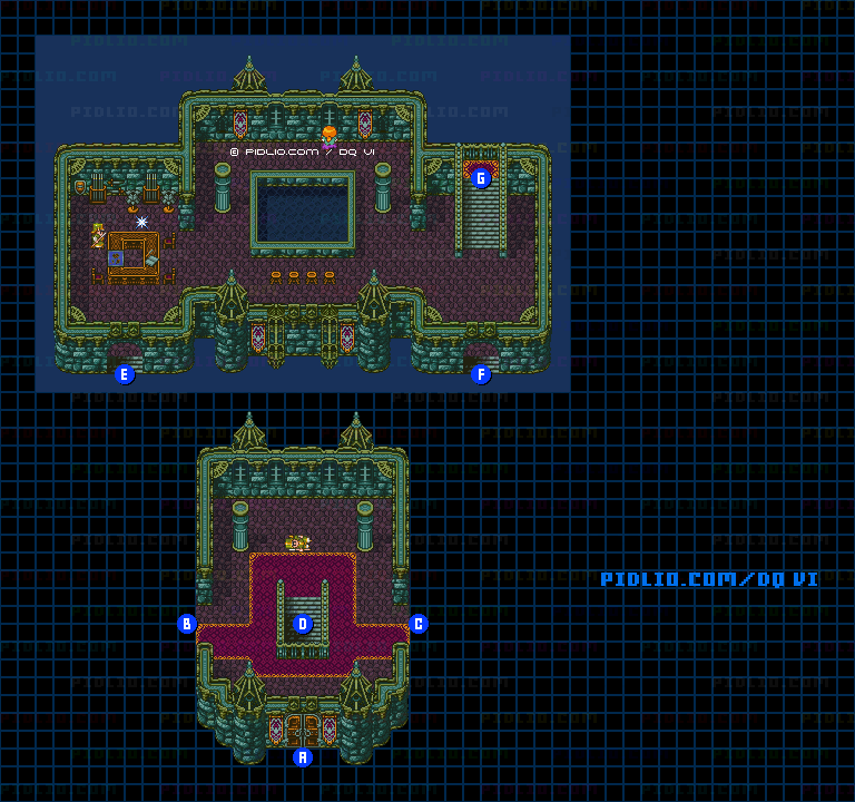 【現実の世界】レイドック城（回想の夜）・城内2階のマップ画像 ／ SFC版ドラゴンクエスト6攻略 ─ pidlio.com